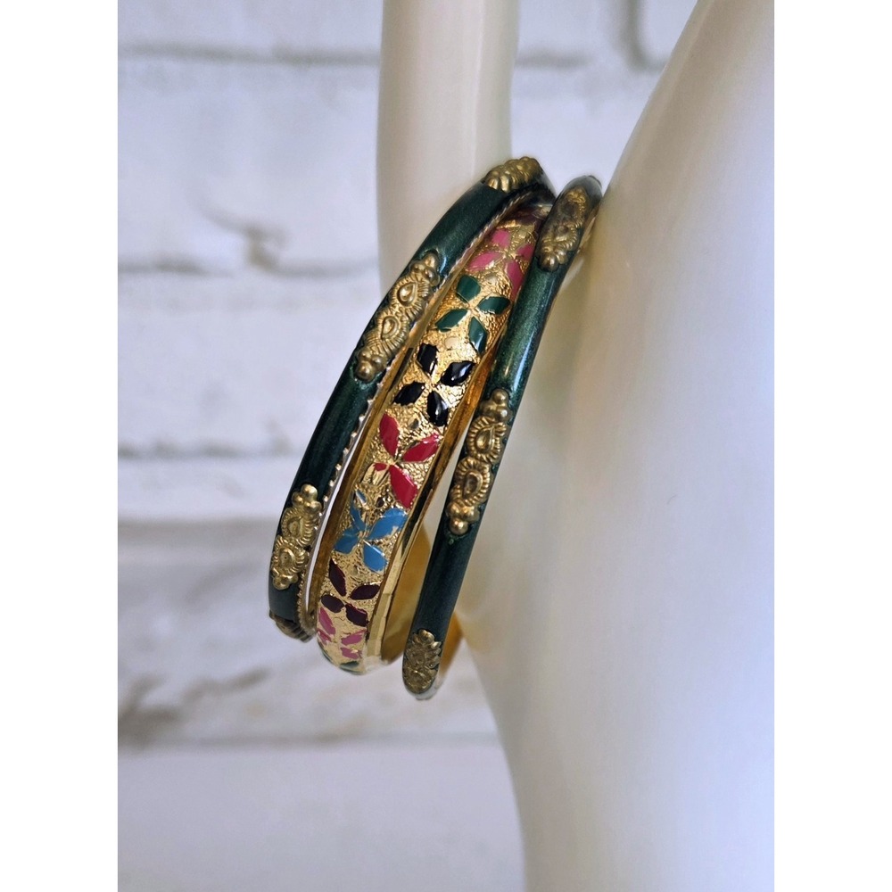 Enamel Gold Metallic Bangle Bracelet Lot Indian Victorian Revival Ethnic Size S